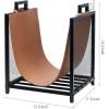 MyGift Modern Black Metal Firewood Stand Log Holder with Brown Leatherette Wood Sling, Wire Mesh Design and Top Carrying Handles, Compact Kindling Storage Rack(Black)