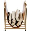 MyGift Modern Black Metal Firewood Stand Log Holder with Brown Leatherette Wood Sling, Wire Mesh Design and Top Carrying Handles, Compact Kindling Storage Rack(Gold)