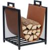 MyGift Modern Black Metal Firewood Stand Log Holder with Brown Leatherette Wood Sling, Wire Mesh Design and Top Carrying Handles, Compact Kindling Storage Rack(Black)