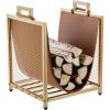 MyGift Modern Black Metal Firewood Stand Log Holder with Brown Leatherette Wood Sling, Wire Mesh Design and Top Carrying Handles, Compact Kindling Storage Rack(Gold)