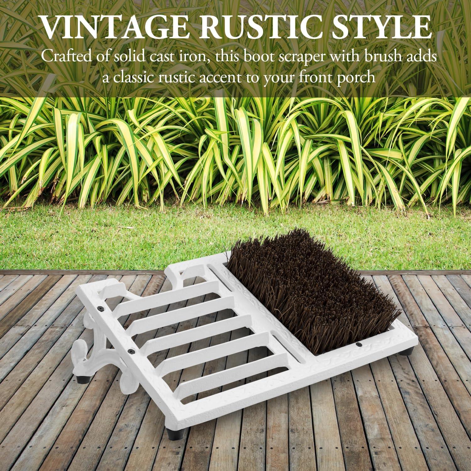 imageMyGift Heavy Duty Cast Iron Shoe Scraper Mat Vintage Rustic Black Angled Boot Dirt Cleaner Brush Heavy Duty CastWhite