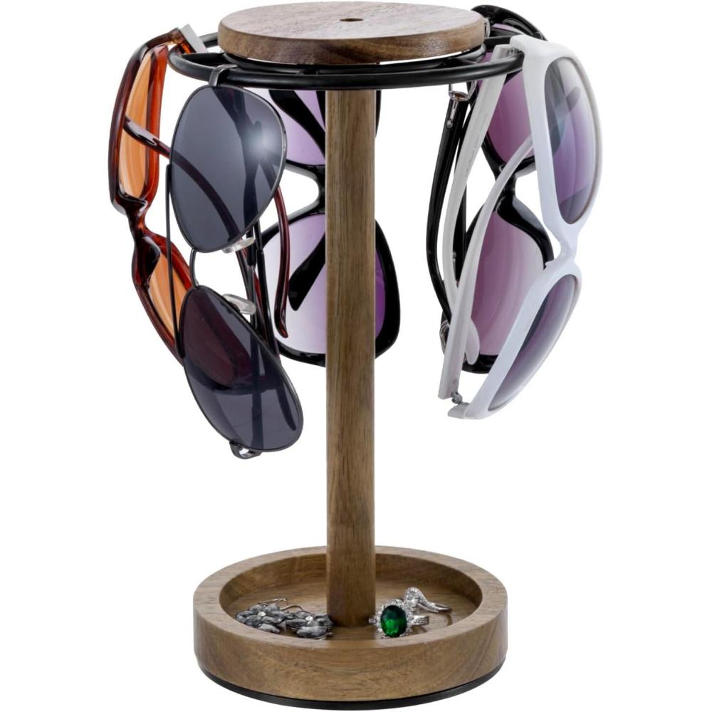 imageMyGift Premium Acacia Solid Wood and Black Metal 360 Rotating Sunglasses Display Rack Rustic Eyeglasses Holder Table Desk Dresser Countertop Stand for up to 6 Pairs of Glasses