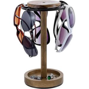 MyGift Premium Acacia Solid Wood and Black Metal 360 Rotating Sunglasses Display Rack, Rustic Eyeglasses Holder Table Desk Dresser Countertop Stand for up to 6 Pairs of Glasses