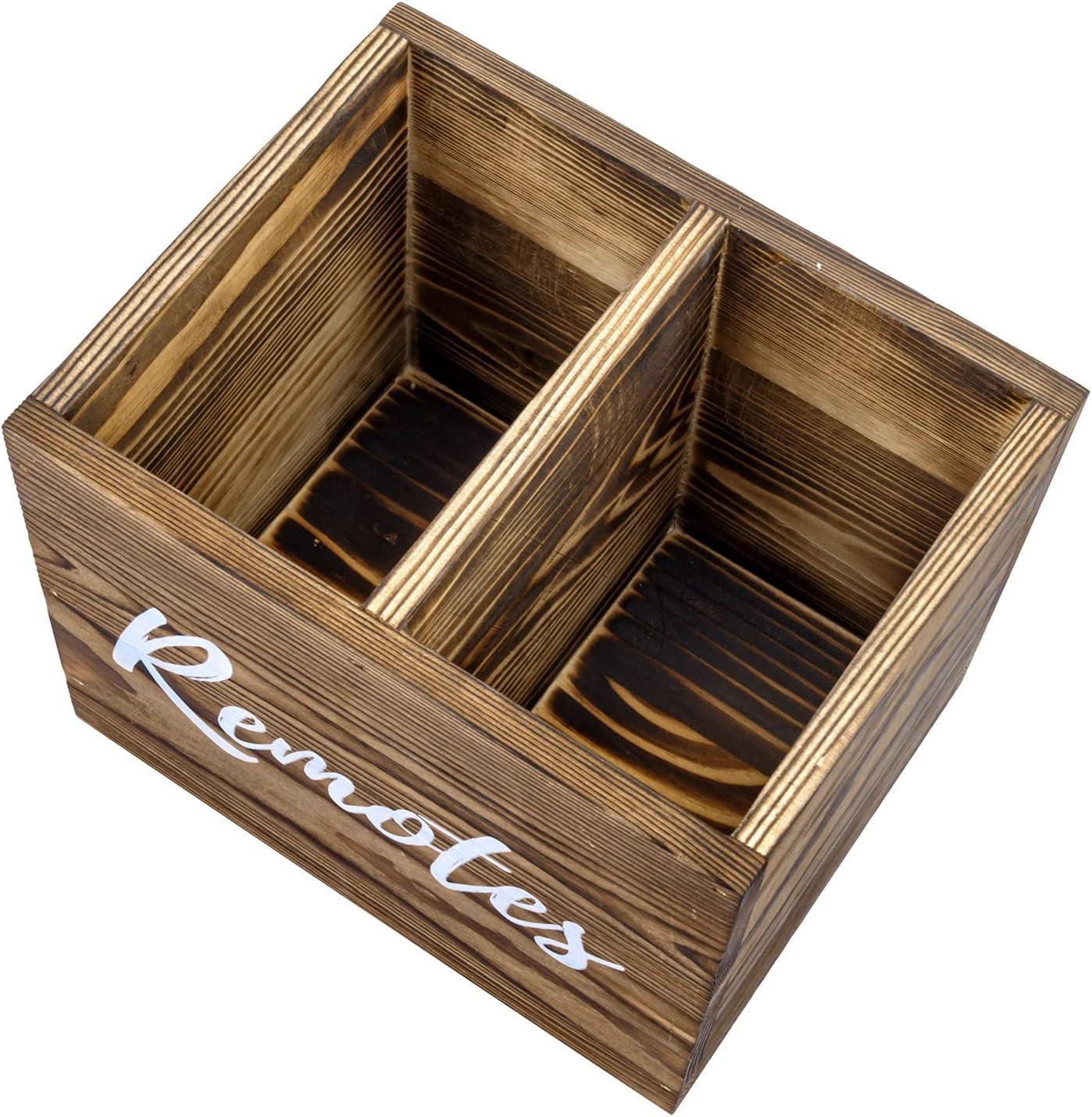 imageMyGift Remote Control HolderTV Remote HolderWood Remote Caddy for Table2 Large CompartmentShabby Whitewashed Solid Wood with Black Cursive Remotes LabelBurnt Wood 7 Inch