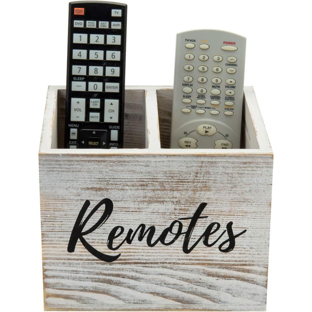 imageMyGift Remote Control HolderTV Remote HolderWood Remote Caddy for Table2 Large CompartmentShabby Whitewashed Solid Wood with Black Cursive Remotes LabelWhitewashed 7 Inch