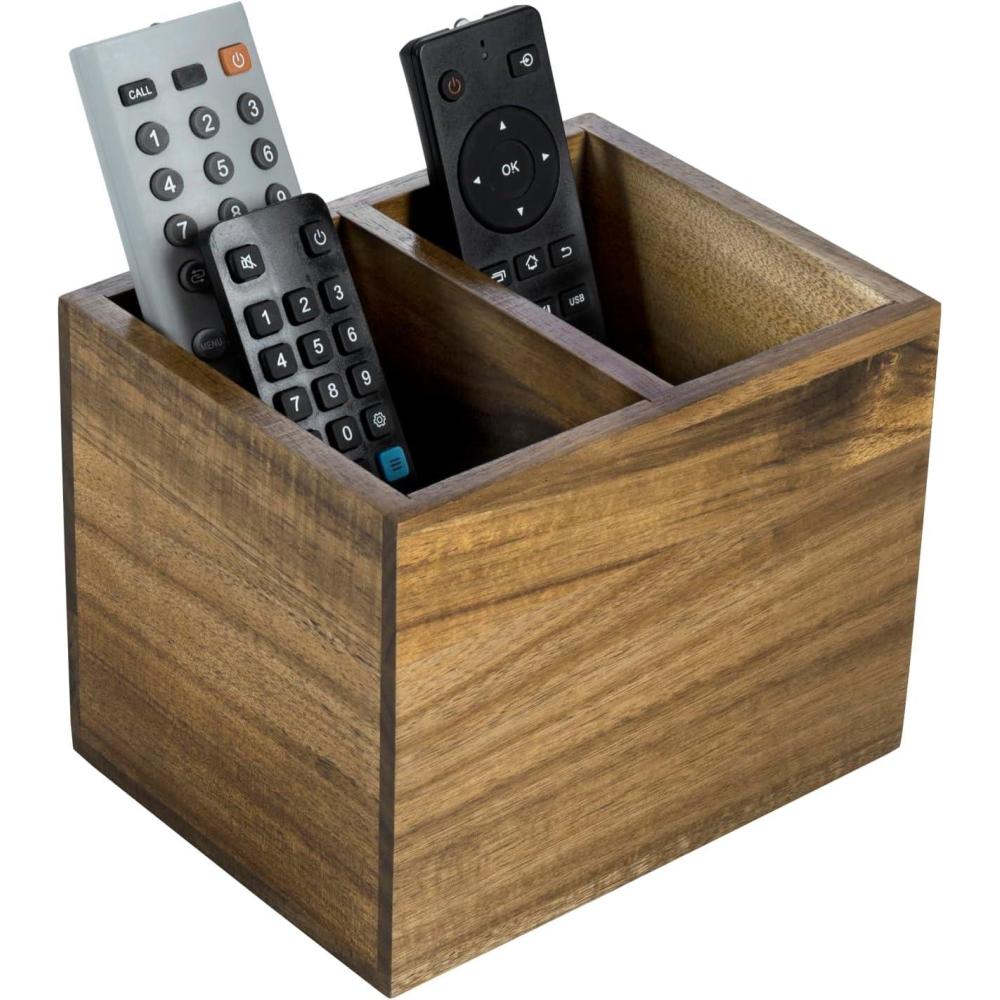 imageMyGift Remote Control HolderTV Remote HolderWood Remote Caddy for Table2 Large CompartmentShabby Whitewashed Solid Wood with Black Cursive Remotes LabelAcacia Wood 7 Inch