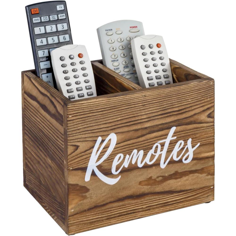 imageMyGift Remote Control HolderTV Remote HolderWood Remote Caddy for Table2 Large CompartmentShabby Whitewashed Solid Wood with Black Cursive Remotes LabelBurnt Wood 7 Inch