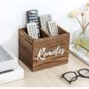 MyGift Remote Control Holder,TV Remote Holder,Wood Remote Caddy for Table,2 Large Compartment,Shabby Whitewashed Solid Wood with Black Cursive Remotes Label(Burnt Wood (7 Inch))