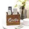MyGift Remote Control Holder,TV Remote Holder,Wood Remote Caddy for Table,2 Large Compartment,Shabby Whitewashed Solid Wood with Black Cursive Remotes Label(Burnt Wood (7 Inch))
