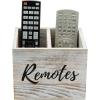 MyGift Remote Control Holder,TV Remote Holder,Wood Remote Caddy for Table,2 Large Compartment,Shabby Whitewashed Solid Wood with Black Cursive Remotes Label(Whitewashed (7 Inch))