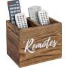 MyGift Remote Control Holder,TV Remote Holder,Wood Remote Caddy for Table,2 Large Compartment,Shabby Whitewashed Solid Wood with Black Cursive Remotes Label(Burnt Wood (7 Inch))