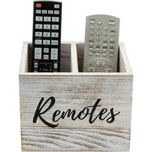 MyGift Remote Control Holder,TV Remote Holder,Wood Remote Caddy for Table,2 Large Compartment,Shabby Whitewashed Solid Wood with Black Cursive Remotes Label(Whitewashed (7 Inch))