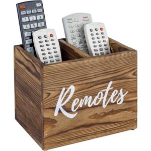 MyGift Remote Control Holder,TV Remote Holder,Wood Remote Caddy for Table,2 Large Compartment,Shabby Whitewashed Solid Wood with Black Cursive Remotes Label(Burnt Wood (7 Inch))