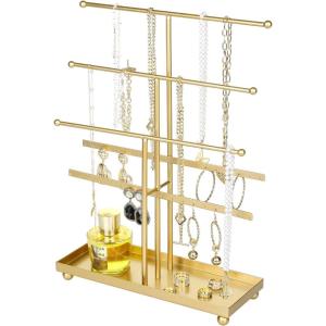 MyGift Modern 3-Tier Metal Jewelry Organizer Stand – Matte Black Jewelry Storage Display with Ring Tray, 18 Earring Hooks & 5 T-Bars for Necklaces, Bracelets, Earrings – Home/Boutique Use(Gold)