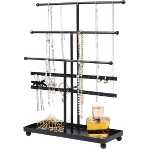 MyGift Modern 3-Tier Metal Jewelry Organizer Stand – Matte Black Jewelry Storage Display with Ring Tray, 18 Earring Hooks & 5 T-Bars for Necklaces, Bracelets, Earrings – Home/Boutique Use(Black)