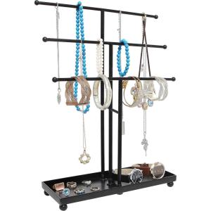 MyGift Modern 3-Tier Metal Jewelry Organizer Stand – Matte Black Jewelry Storage Display with Ring Tray, 18 Earring Hooks & 5 T-Bars for Necklaces, Bracelets, Earrings – Home/Boutique Use(3 Tier Black)