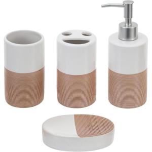 MyGift Deluxe 4 Piece Dual Tone Black with Cream Stripe Ceramic Bathroom Accessories Set, Includes Soap Dish, Pump Dispenser, Tumbler Cup, and Toothbrush Holder(White & Clay)