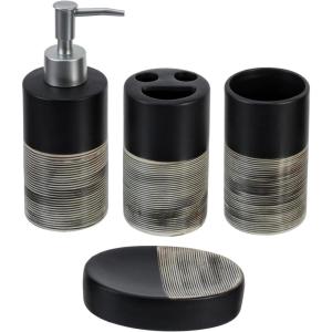 MyGift Deluxe 4 Piece Dual Tone Black with Cream Stripe Ceramic Bathroom Accessories Set, Includes Soap Dish, Pump Dispenser, Tumbler Cup, and Toothbrush Holder(Black & Cream)