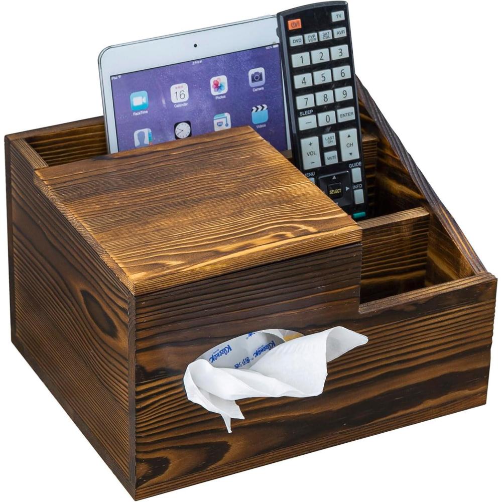 imageMyGift Deluxe Burnt Wood Remote Control Caddy with Tissue Box Cover  MultiCompartment Organizer for TV Remotes Phone Tablets and Living Room Essentials