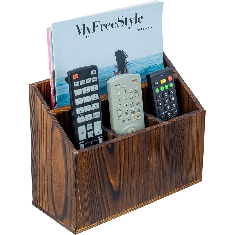 imageMyGift Rustic Solid Wood Remote Control Holder Caddy  Tabletop Organizer with Magazine Storage Slot for Living Room or Office