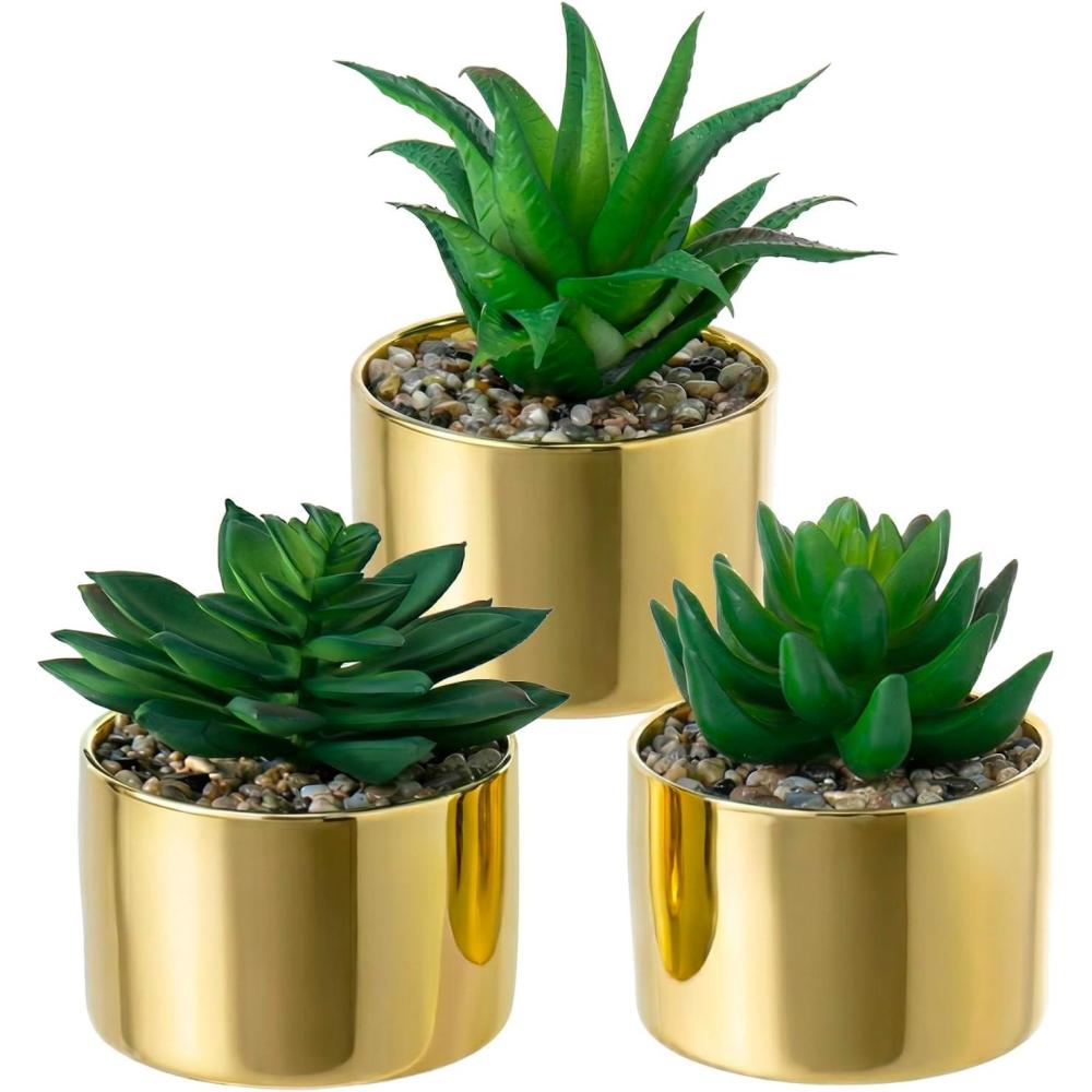 imageMyGift Set of 3 Artificial Succulent Decorations in Modern BrassTone Ceramic Planter Pots