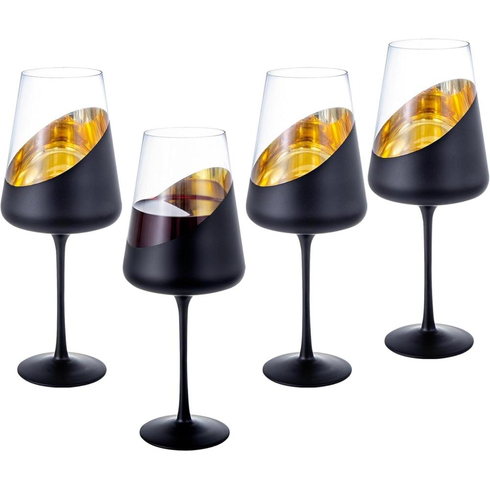 imageMyGift Set of 4 Modern Matte Black and Gold Stemmed TulipShaped Wine Glasses 19 oz Elegant Drinkware for Cocktails Wine or Entertaining