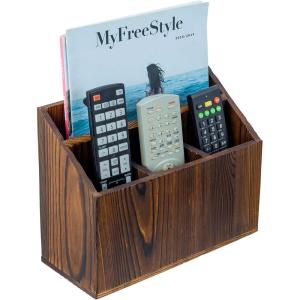 MyGift Rustic Solid Wood Remote Control Holder Caddy – Tabletop Organizer with Magazine Storage Slot for Living Room or Office