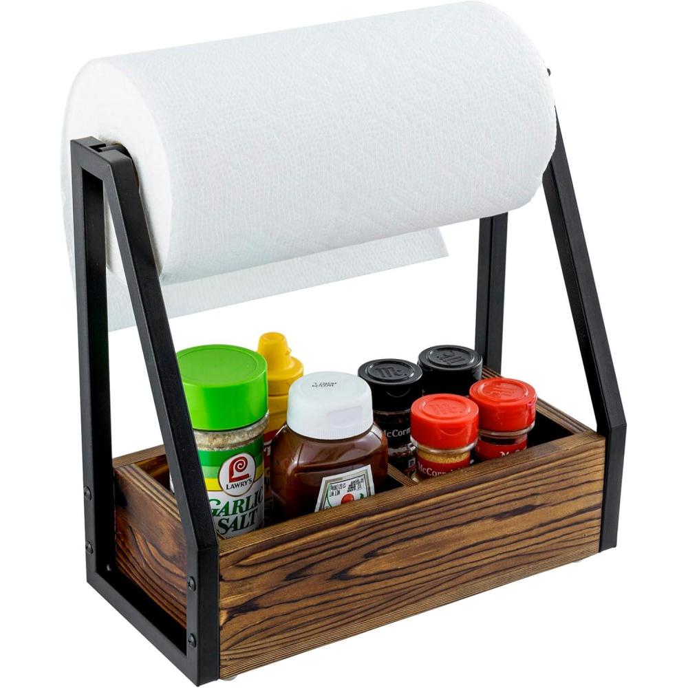 imageMyGift Industrial Matte Black Metal and Solid Wood Kitchen Paper Towel Holder with Condiment Bottle and Spice Jar Storage Tray