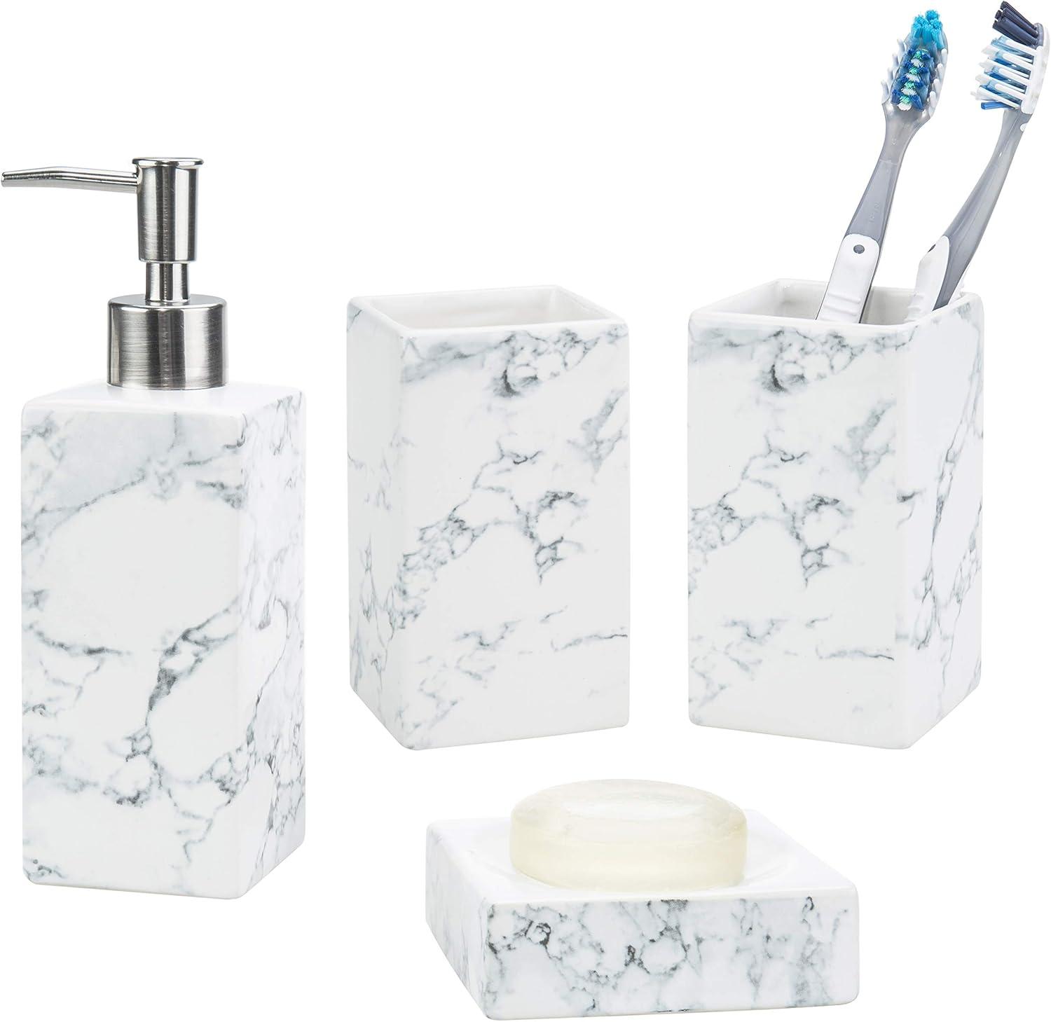 image:imageMyGift 4 Piece Marble Design White Bathroom Accessories Set Includes Lotion Pump Dispenser Tumbler Toothbrush Holder and Soap Dish