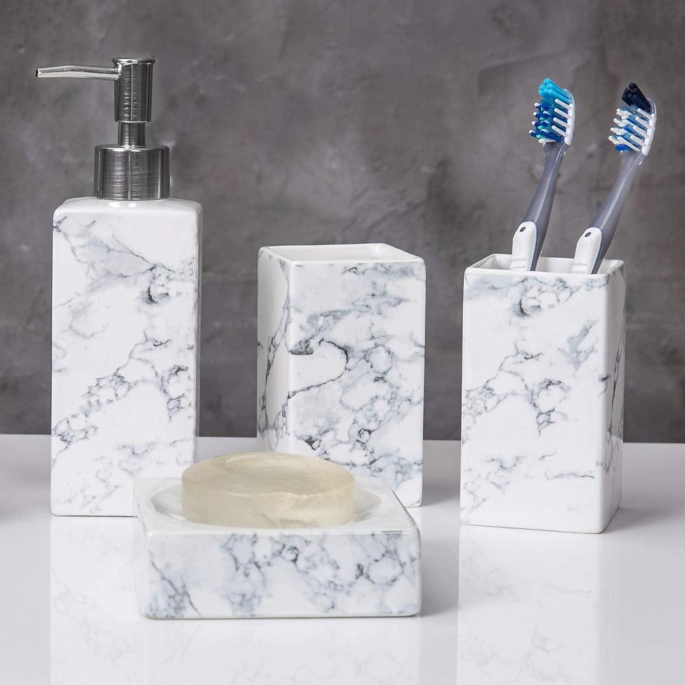 image:imageMyGift 4 Piece Marble Design White Bathroom Accessories Set Includes Lotion Pump Dispenser Tumbler Toothbrush Holder and Soap Dish