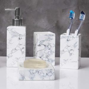 MyGift 4 Piece Marble Design White Bathroom Accessories Set, Includes Lotion Pump Dispenser, Tumbler, Toothbrush Holder, and Soap Dish
