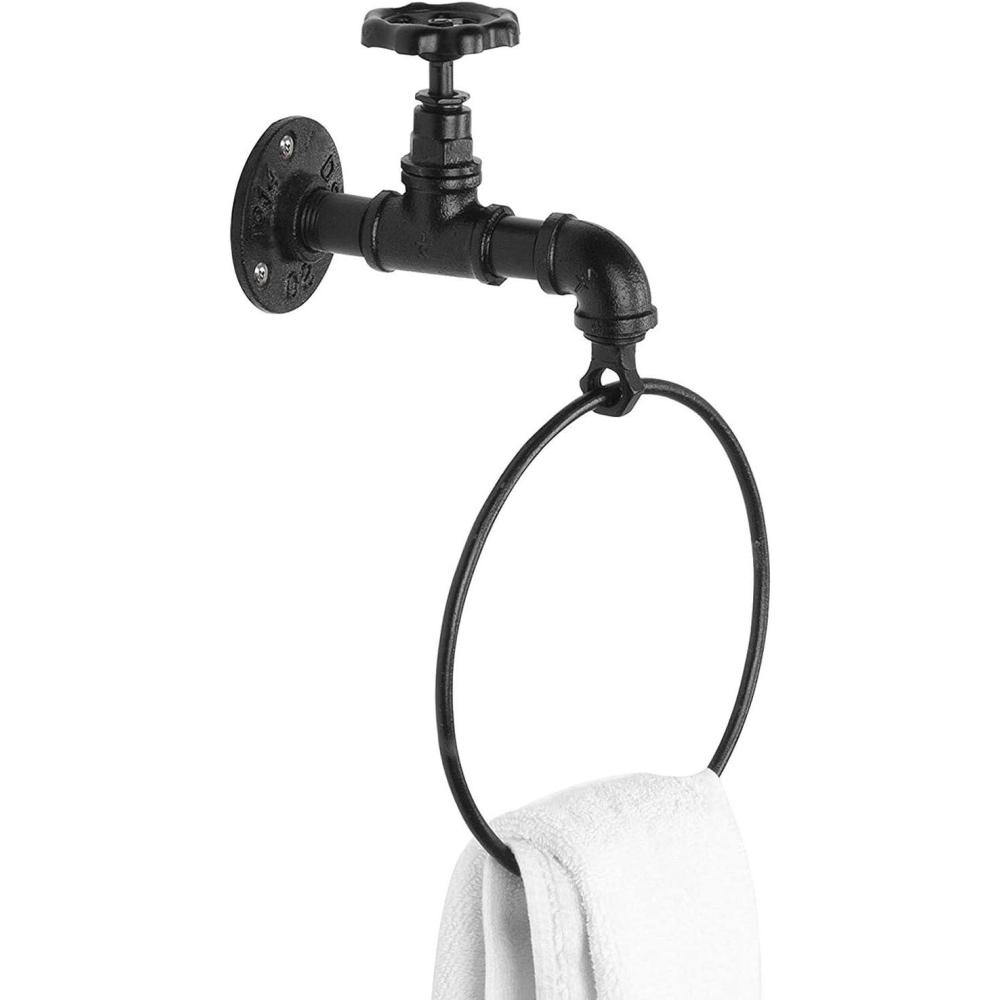 image:imageMyGift Hand Towel Holder Ring Bath Towel Hanging Rack Wall Mounted Industrial Bathroom Accessories Farmhouse Decor Faucet Pipe Metal BlackBlack