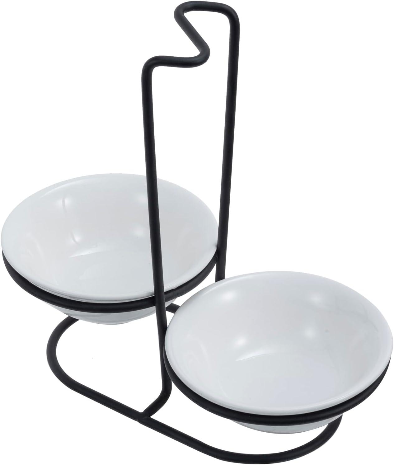image:imageMyGift Countertop Ceramic Spoon Rest with Matte Black Metal Stand Upright Ladle Holder Rack with 2 Bowl DishWhite Black