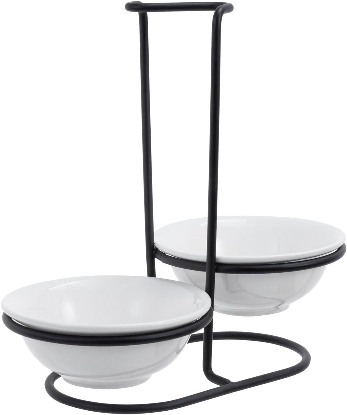 image:imageMyGift Countertop Ceramic Spoon Rest with Matte Black Metal Stand Upright Ladle Holder Rack with 2 Bowl DishWhite Black