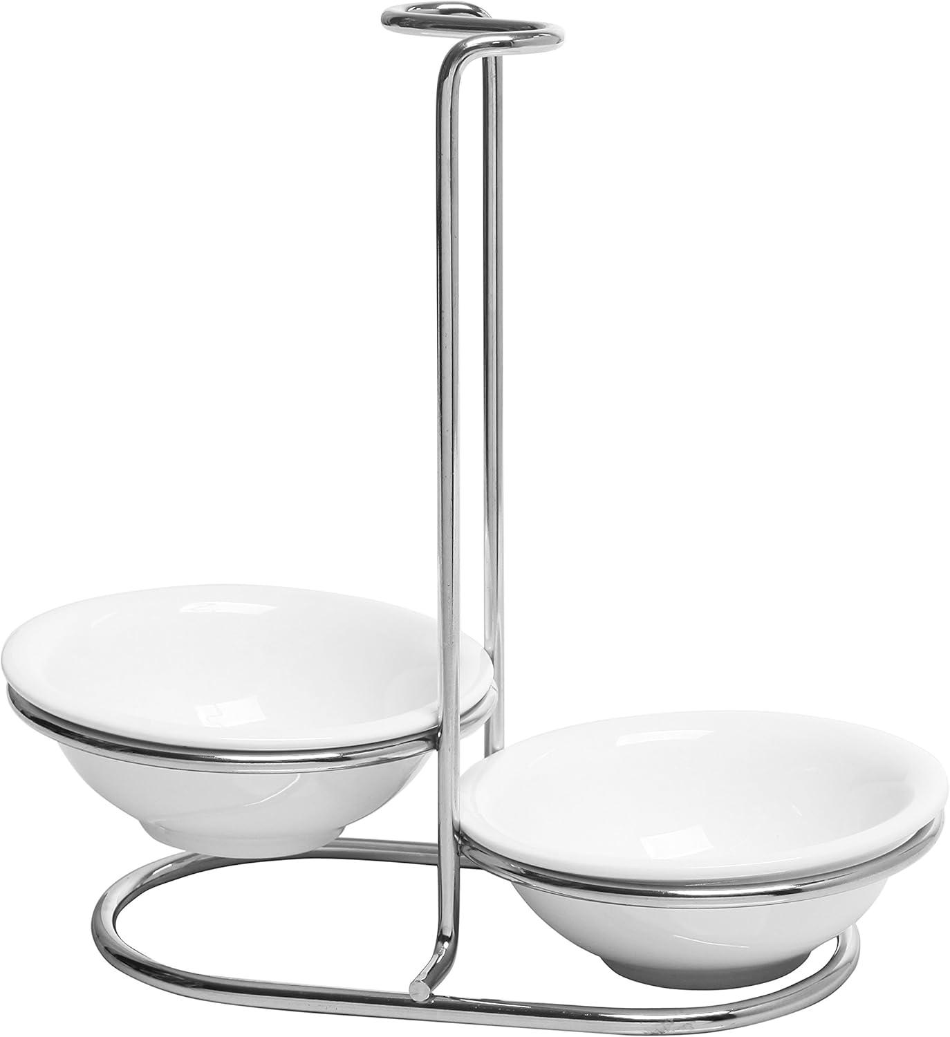 image:imageMyGift Countertop Ceramic Spoon Rest with Matte Black Metal Stand Upright Ladle Holder Rack with 2 Bowl DishWhite Silver