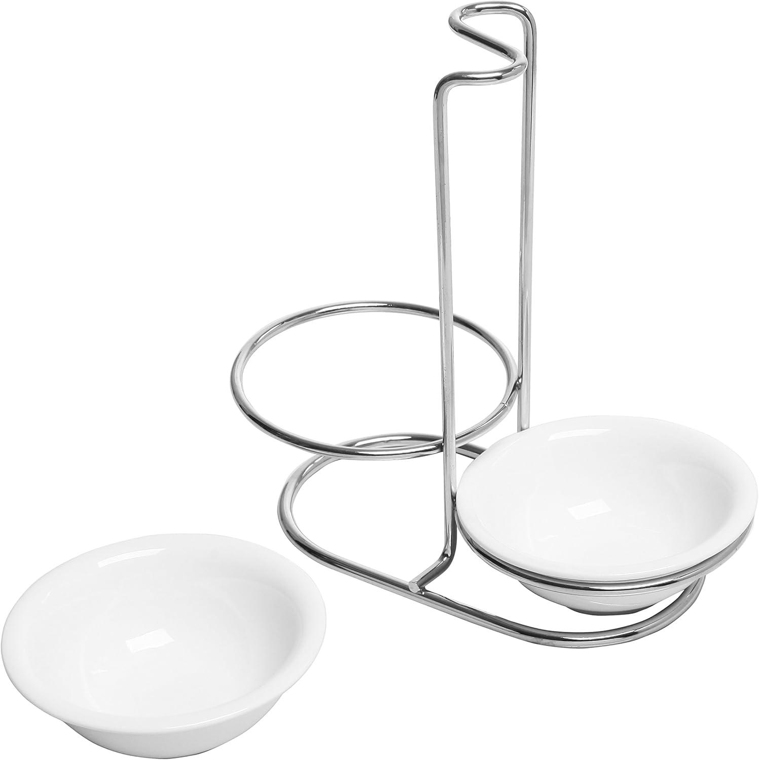 image:imageMyGift Countertop Ceramic Spoon Rest with Matte Black Metal Stand Upright Ladle Holder Rack with 2 Bowl DishWhite Silver