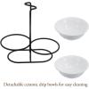 MyGift Countertop Ceramic Spoon Rest with Matte Black Metal Stand, Upright Ladle Holder Rack with 2 Bowl Dish(White / Black)