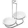 MyGift Countertop Ceramic Spoon Rest with Matte Black Metal Stand, Upright Ladle Holder Rack with 2 Bowl Dish(White / Silver)
