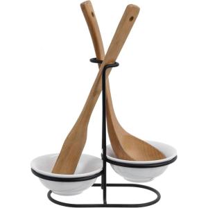 MyGift Countertop Ceramic Spoon Rest with Matte Black Metal Stand, Upright Ladle Holder Rack with 2 Bowl Dish(White / Black)