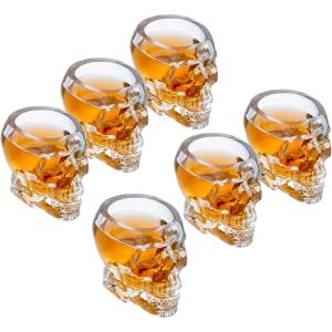 MyGift Set of 6 Skull Shot Glasses – 2.8 oz Clear Glass Novelty Drinkware for Halloween Parties, Cocktail Bars & Home Decor – Spooky 3D Skull Design(Clear)