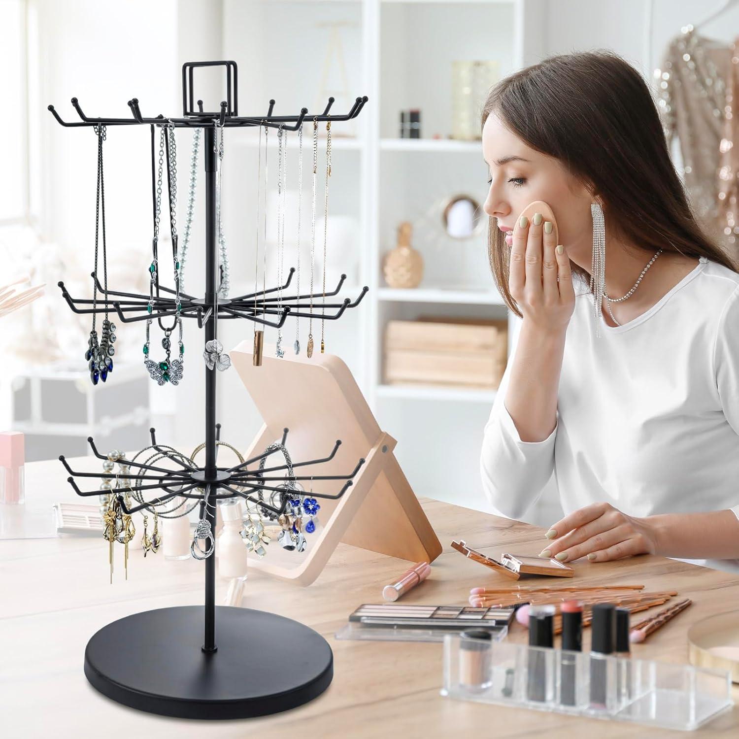 image:imageMyGift 3Tier Matte Black Metal Jewelry Tree Display Stand 360 Rotating Necklace amp Bracelet Organizer Tower with 36 Hooks and Top Sign Holder
