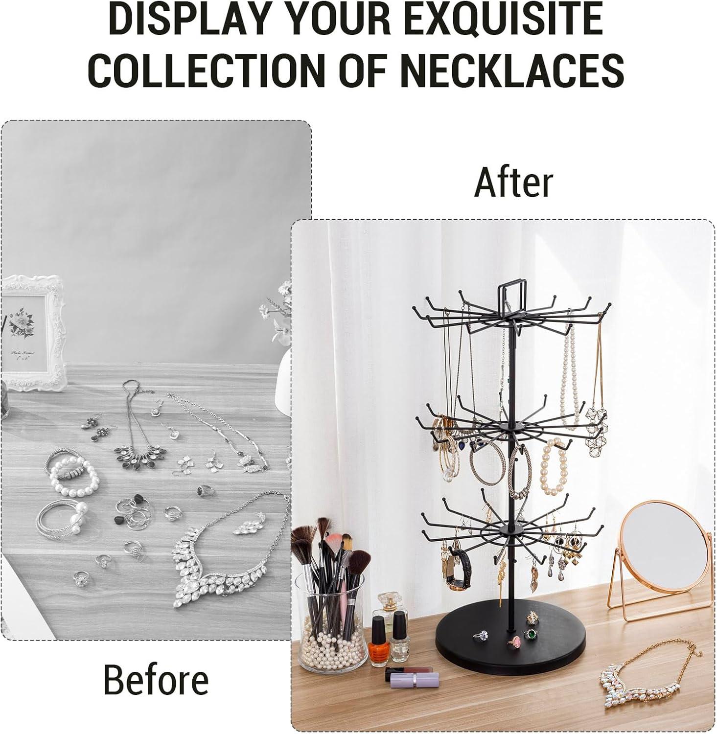 image:imageMyGift 3Tier Matte Black Metal Jewelry Tree Display Stand 360 Rotating Necklace amp Bracelet Organizer Tower with 36 Hooks and Top Sign Holder