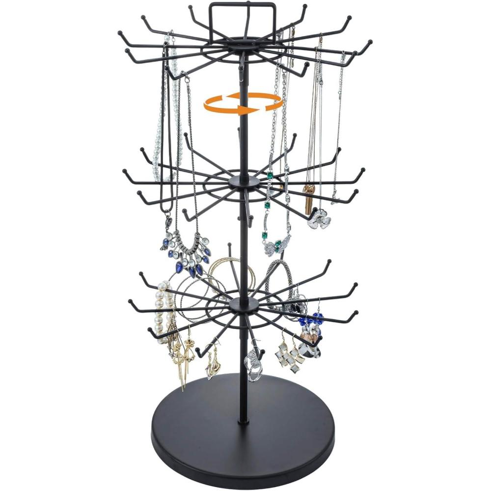 image:imageMyGift 3Tier Matte Black Metal Jewelry Tree Display Stand 360 Rotating Necklace amp Bracelet Organizer Tower with 36 Hooks and Top Sign Holder
