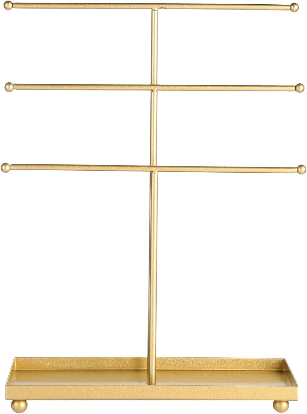 image:imageMyGift Modern Jewelry Organizer 3 Tier Brass Metal Tabletop Bracelet and Necklace Jewelry Storage Display Tree Rack with Base Ring TrayBrass
