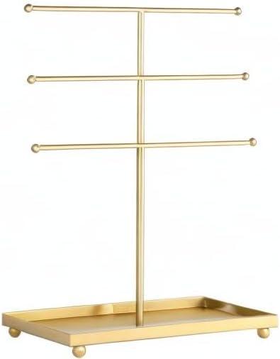 image:imageMyGift Modern Jewelry Organizer 3 Tier Brass Metal Tabletop Bracelet and Necklace Jewelry Storage Display Tree Rack with Base Ring TrayBrass