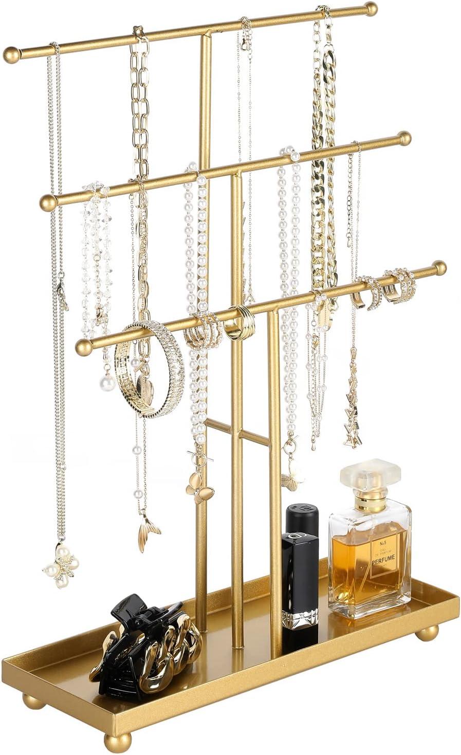 image:imageMyGift Modern Jewelry Organizer 3 Tier Brass Metal Tabletop Bracelet and Necklace Jewelry Storage Display Tree Rack with Base Ring TrayBrass