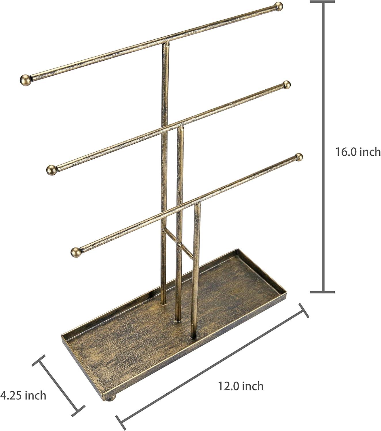 image:imageMyGift Modern Jewelry Organizer 3 Tier Brass Metal Tabletop Bracelet and Necklace Jewelry Storage Display Tree Rack with Base Ring TrayDistressed Brass