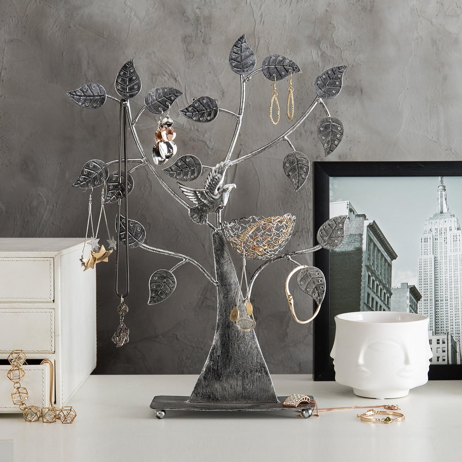 image:imageMyGift Silver Metal Jewelry Tree with Bird Nest Holds up to 48 pair EarringsSilver
