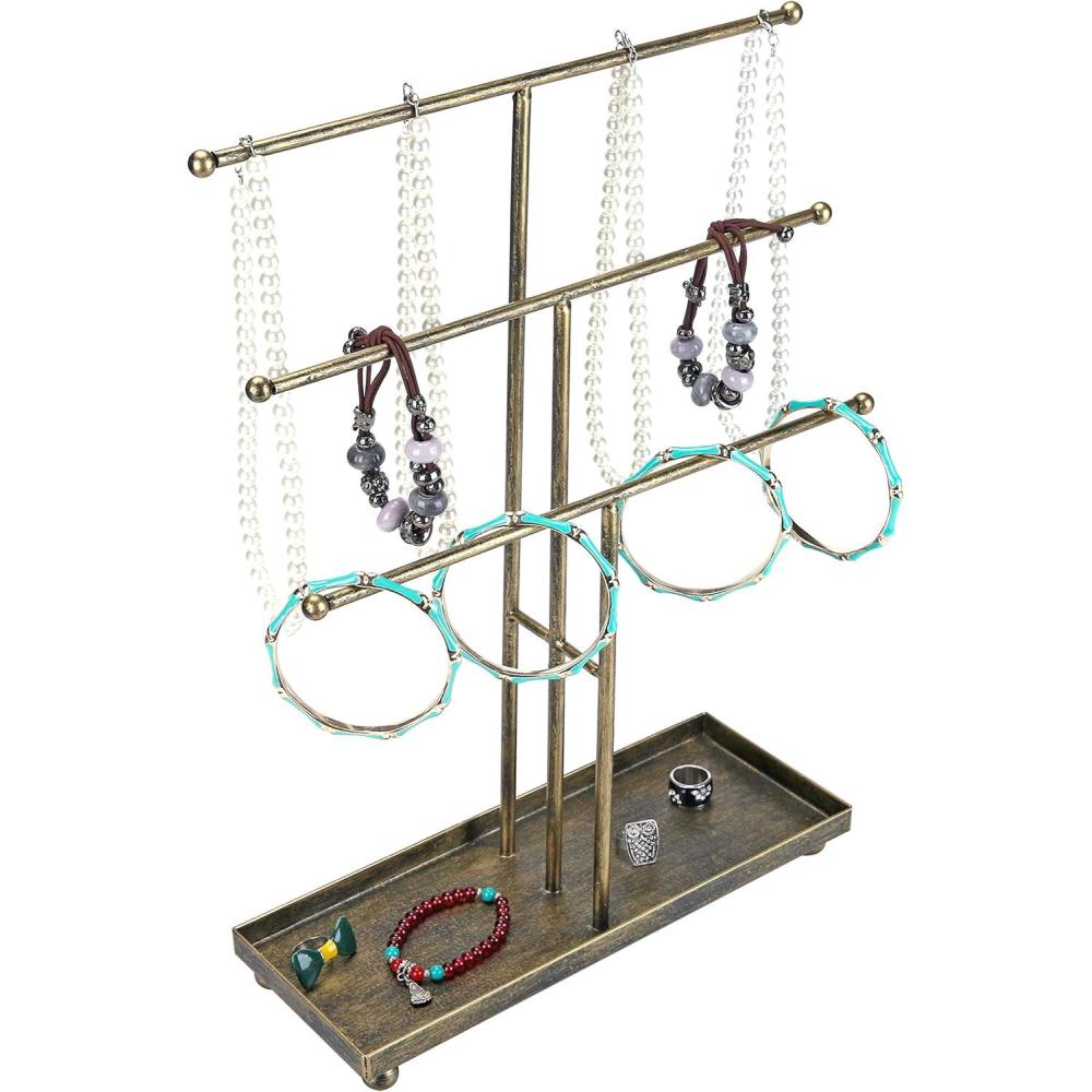 image:imageMyGift Modern Jewelry Organizer 3 Tier Brass Metal Tabletop Bracelet and Necklace Jewelry Storage Display Tree Rack with Base Ring TrayDistressed Brass