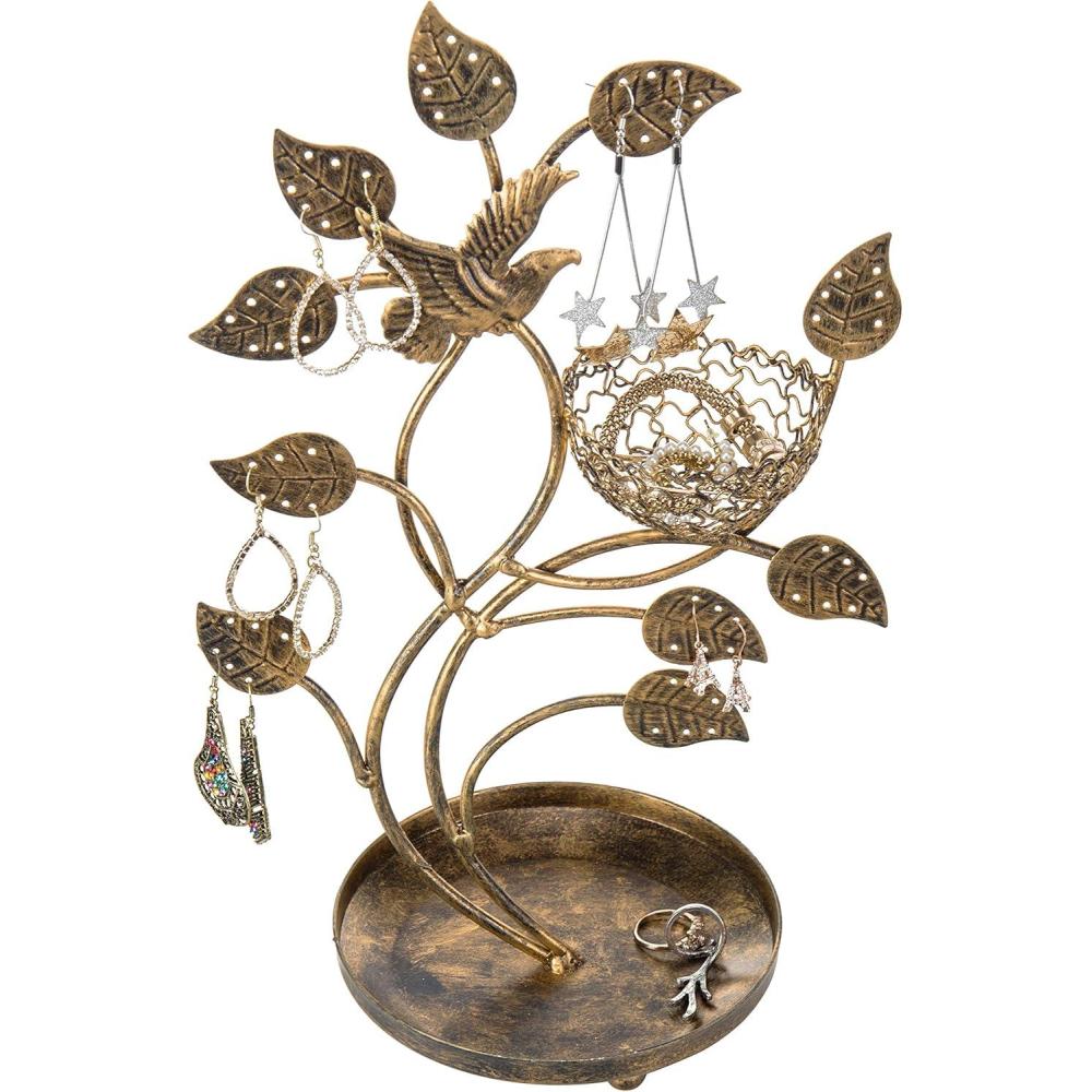 image:imageMyGift Silver Metal Jewelry Tree with Bird Nest Holds up to 48 pair EarringsBronzeTone